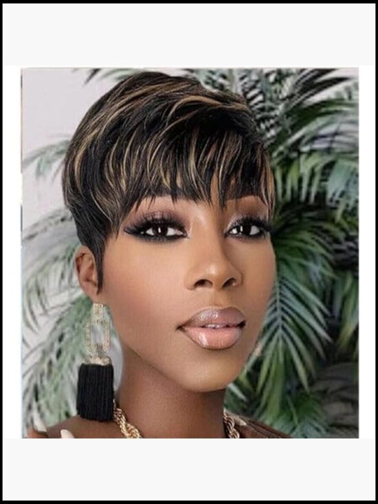 Short Bob Wig Human Hair Ombre Pixie Cut with Bangs Machine Made 130% Density
